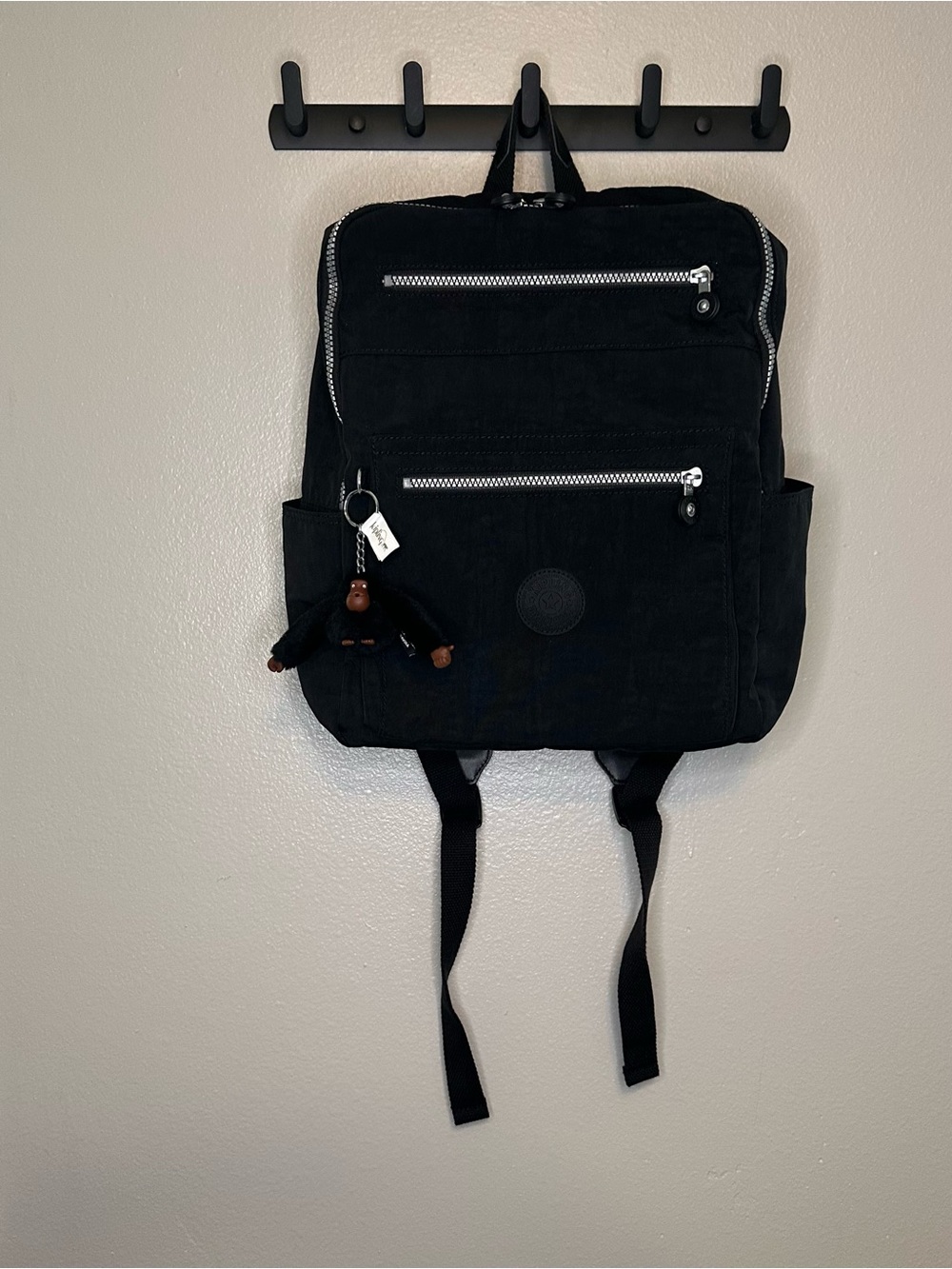 Kipling Black Nylon Backpack with Monkey Keychain